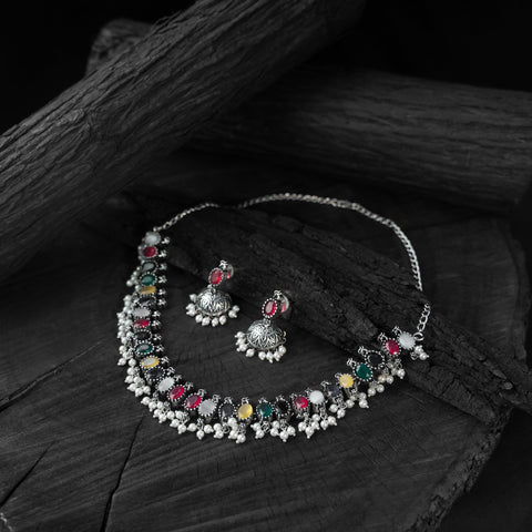 Multicolor - saanjh bela oval oxidised necklace set