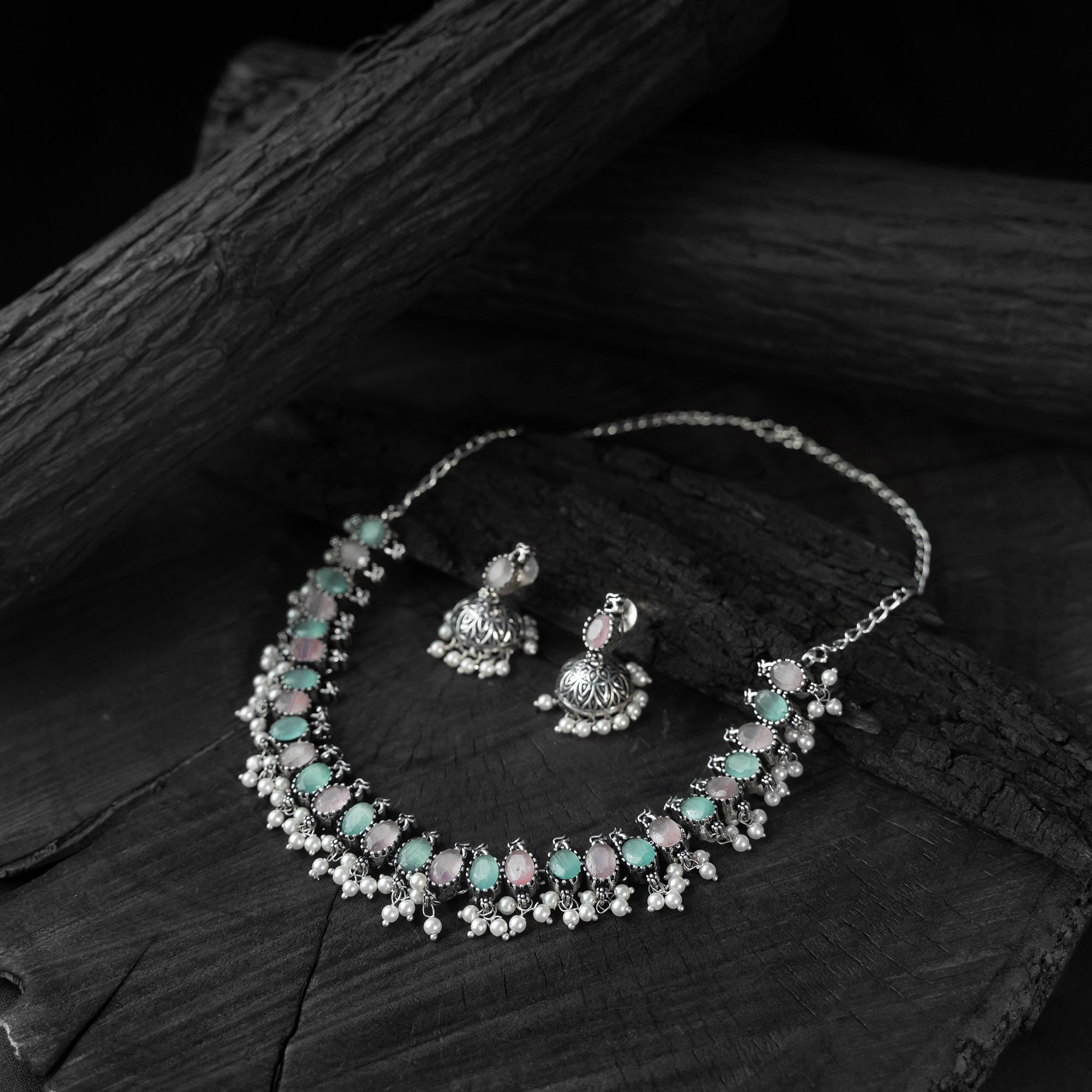 Multicolor - saanjh bela oval oxidised necklace set