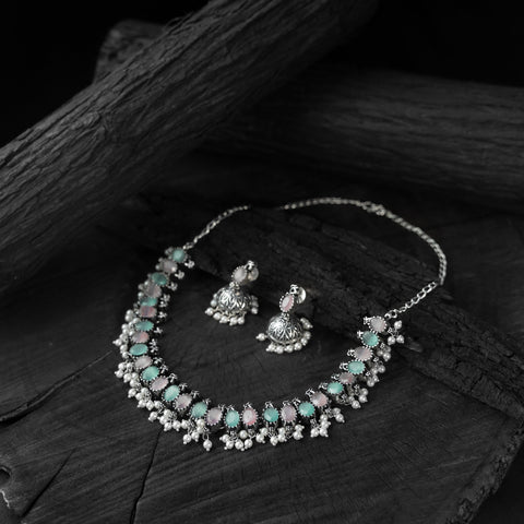 Multicolor - saanjh bela oval oxidised necklace set