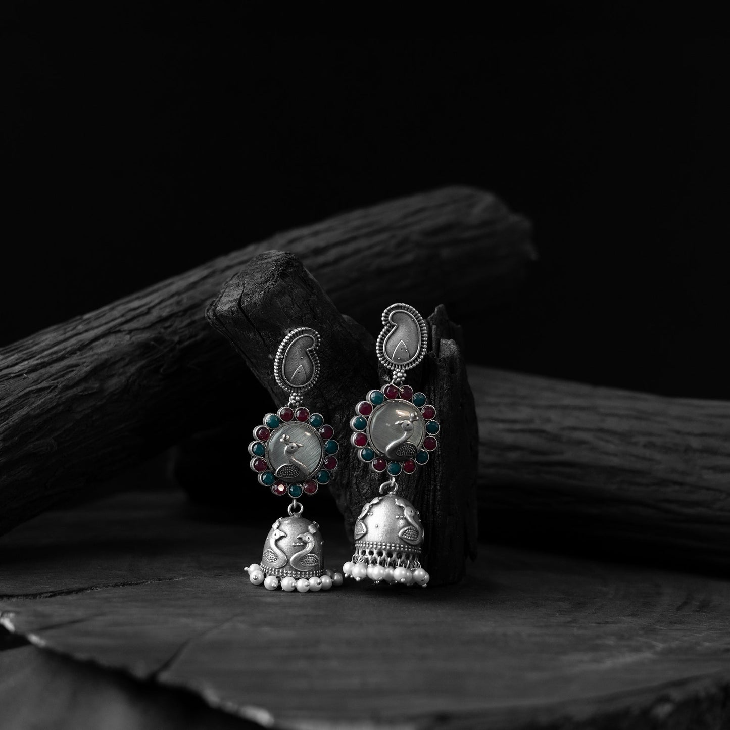 Multicolor - saanjh bela peacock oxidised jhumka earrings