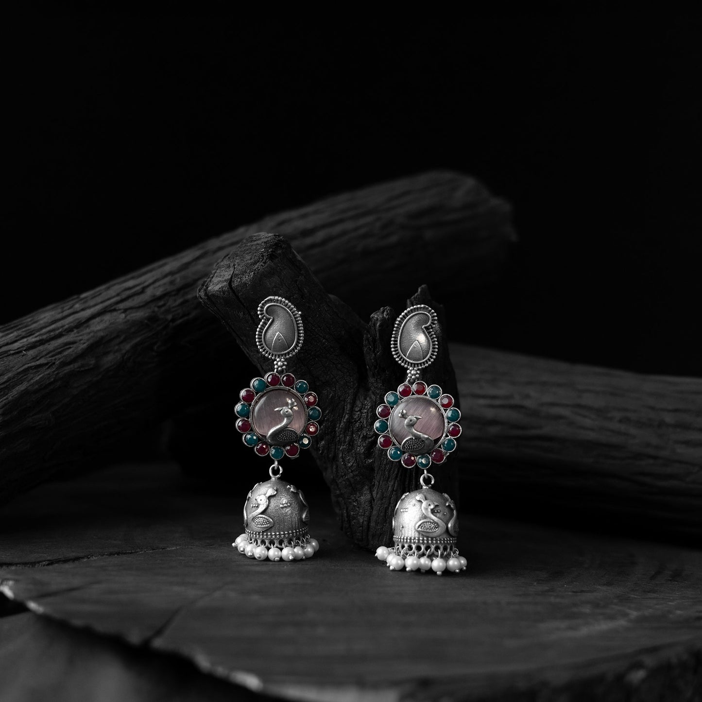 Multicolor - saanjh bela peacock oxidised jhumka earrings