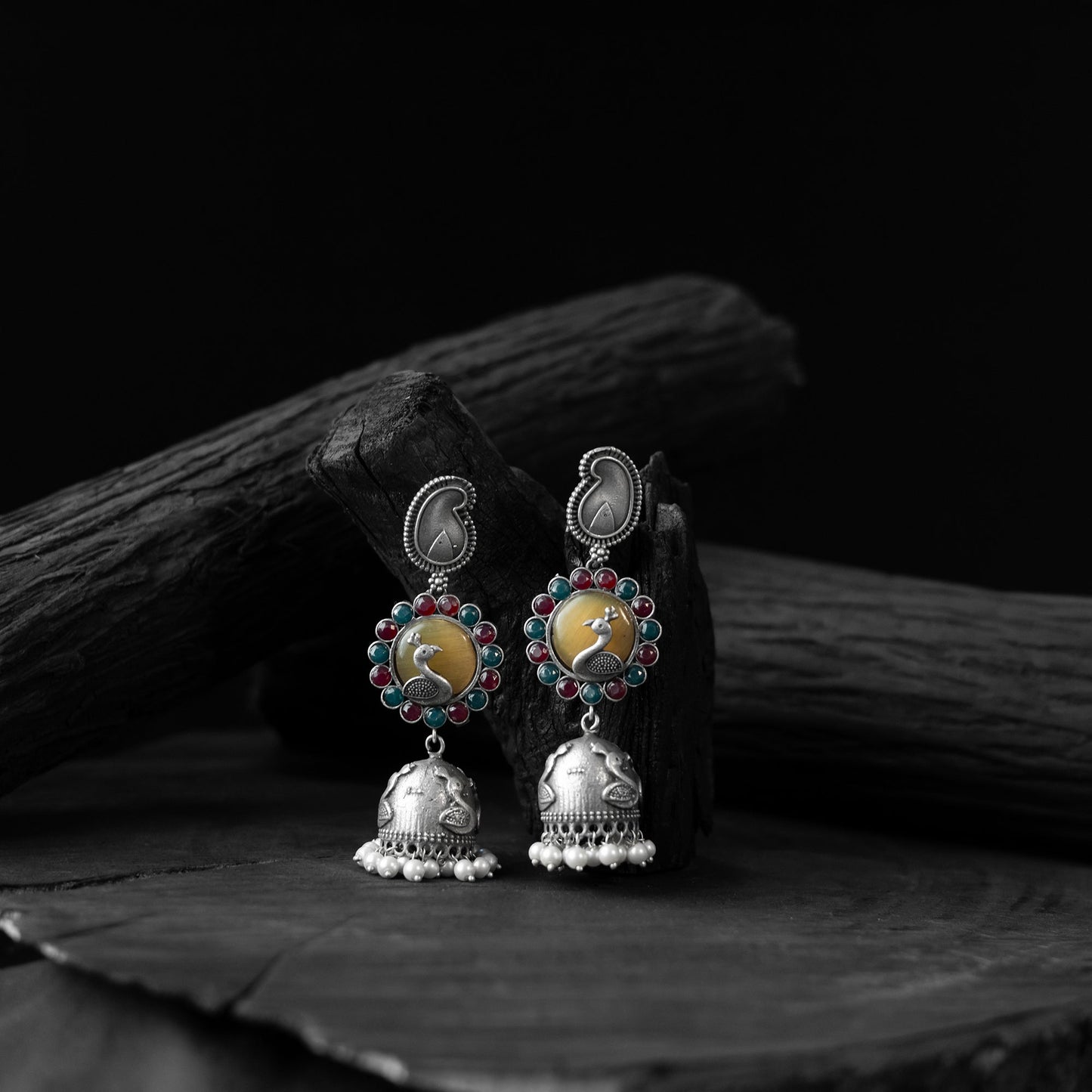 Multicolor - saanjh bela peacock & paisley oxidised jhumka