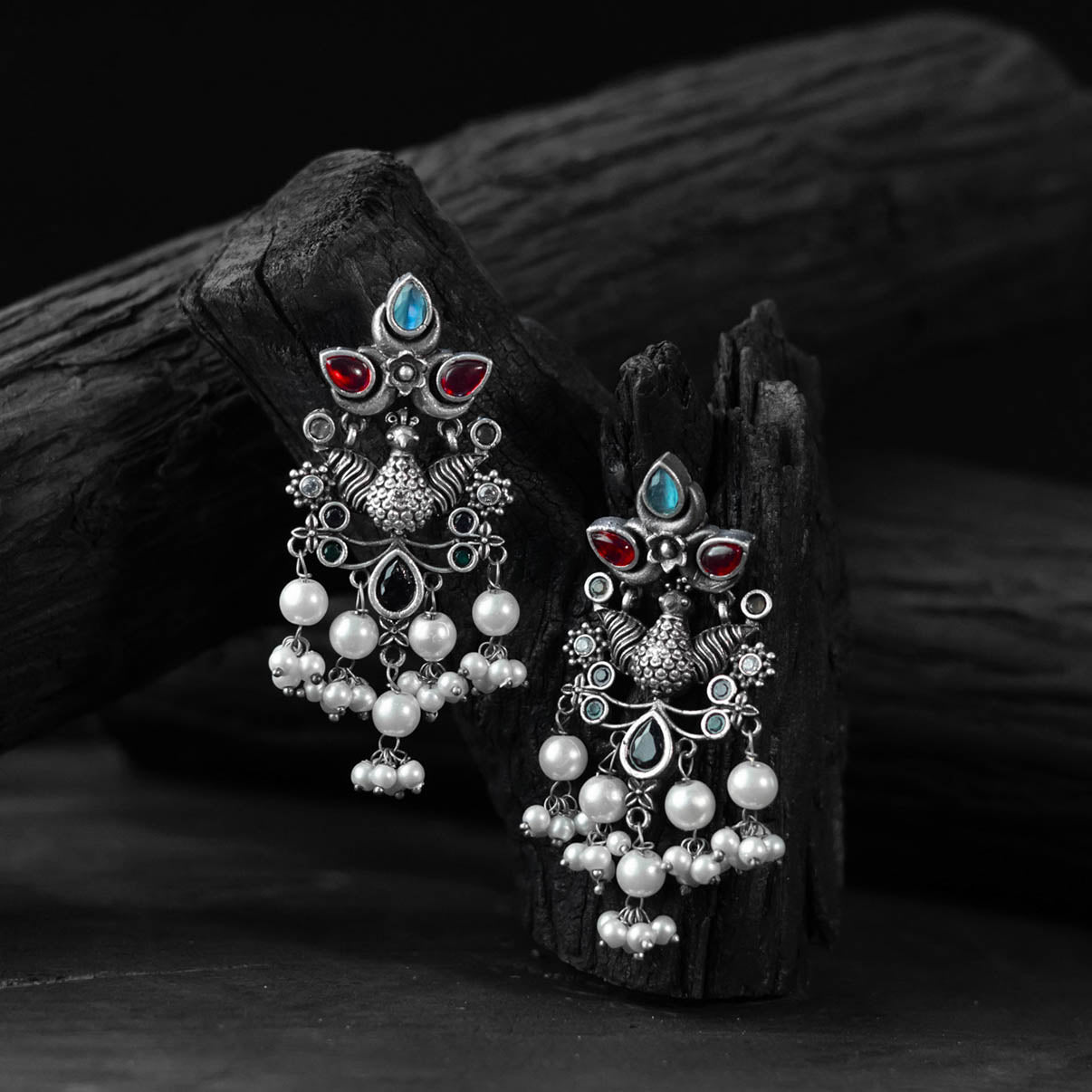Multicolor - saanjh bela peacock pearls oxidised earrings