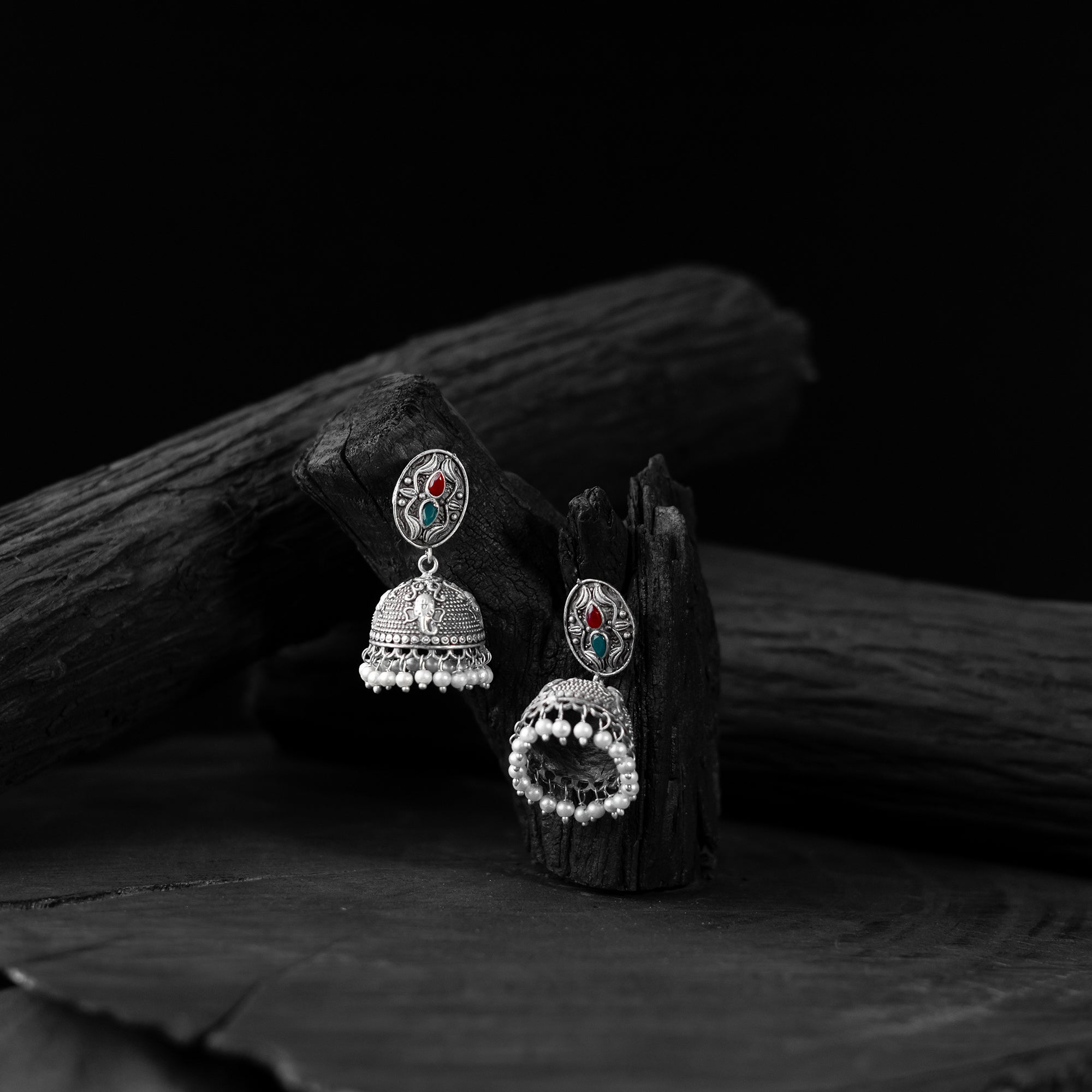 Multicolor - saanjh bela stone oxidised jhumka earrings