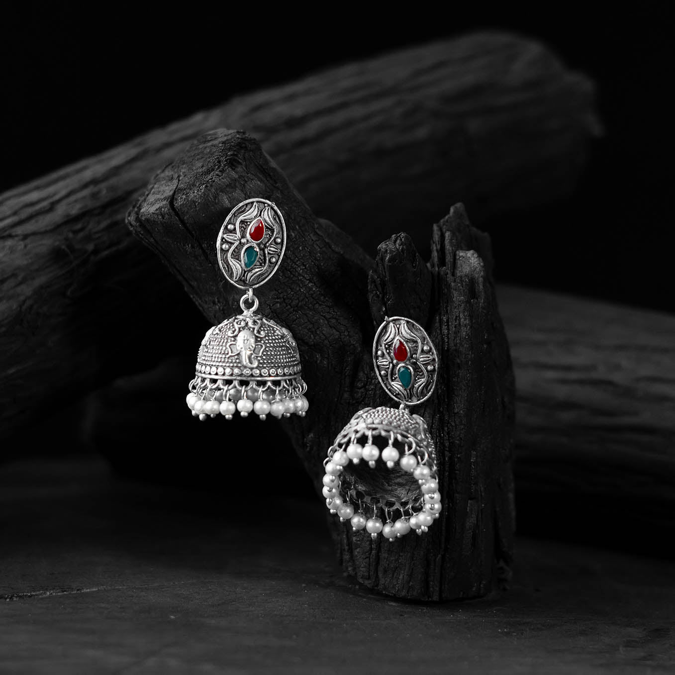 Multicolor - saanjh bela stone oxidised jhumka earrings