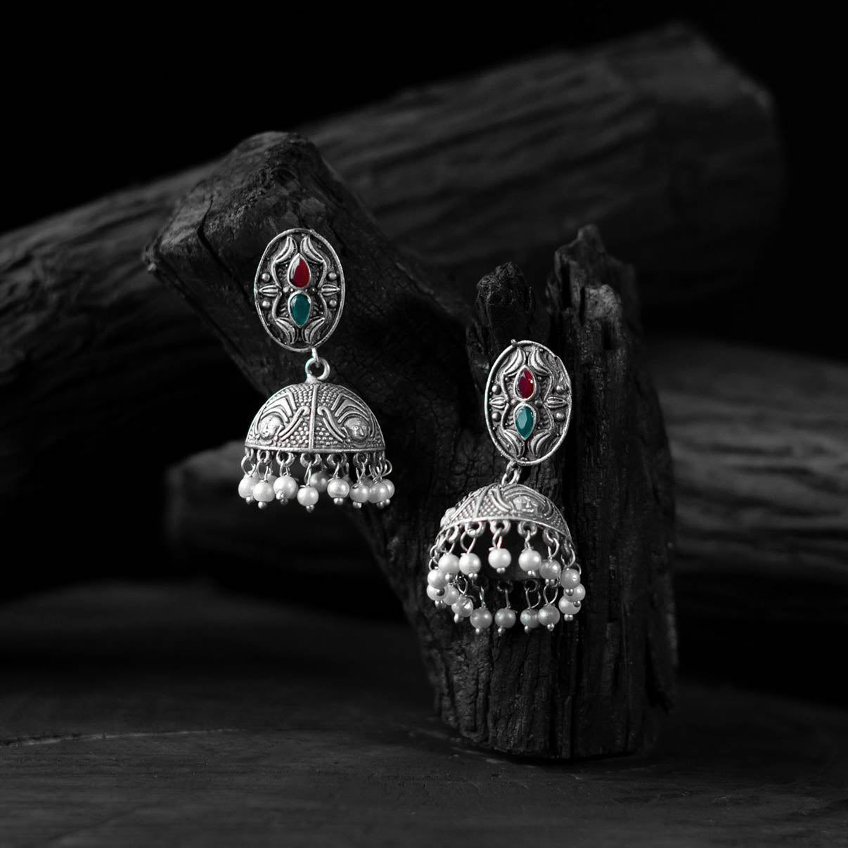 Multicolor - saanjh bela stone oxidised jhumka earrings