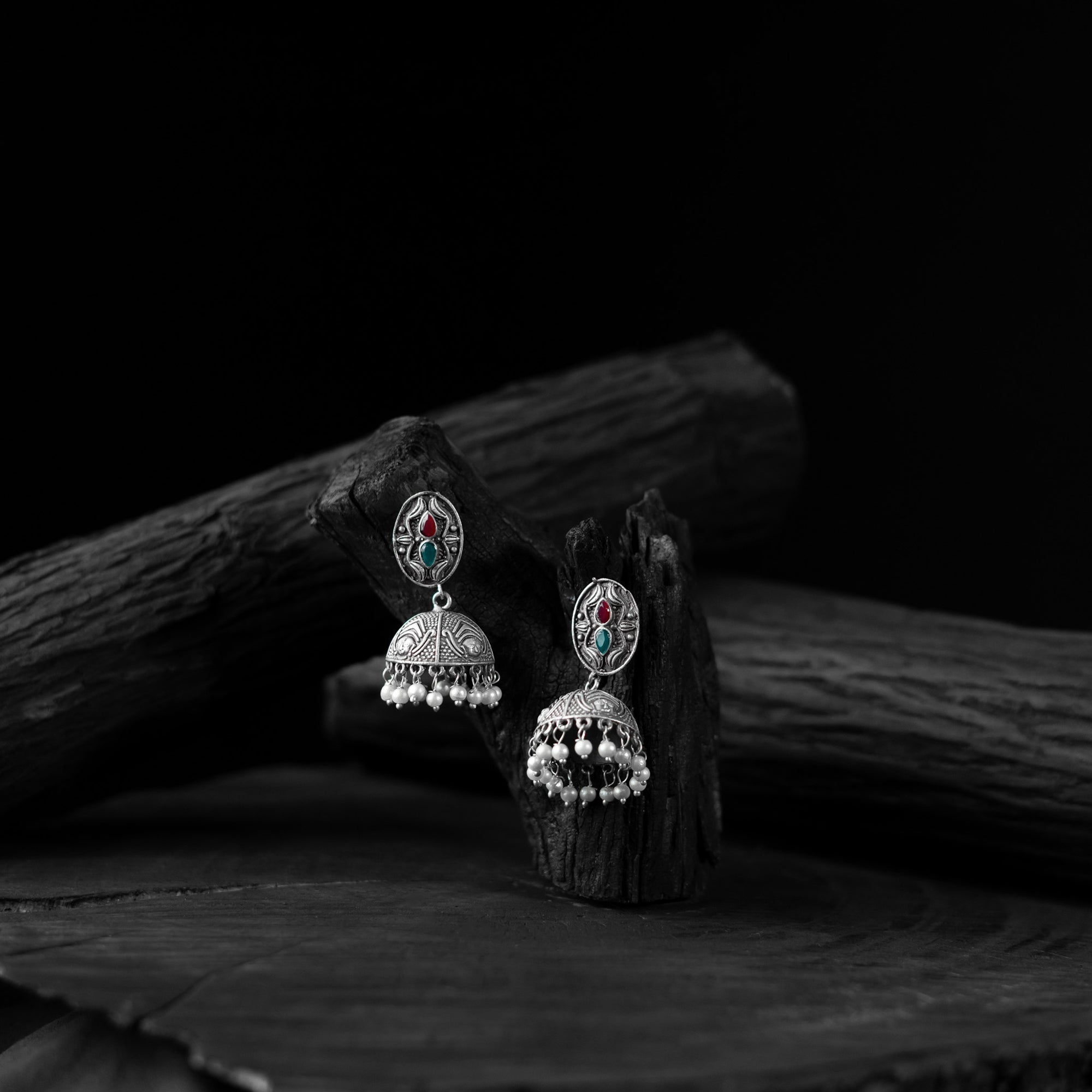 Multicolor - saanjh bela stone oxidised jhumka earrings