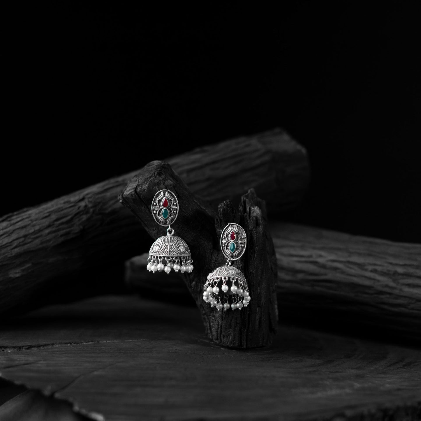 Multicolor - saanjh bela stone oxidised jhumka earrings