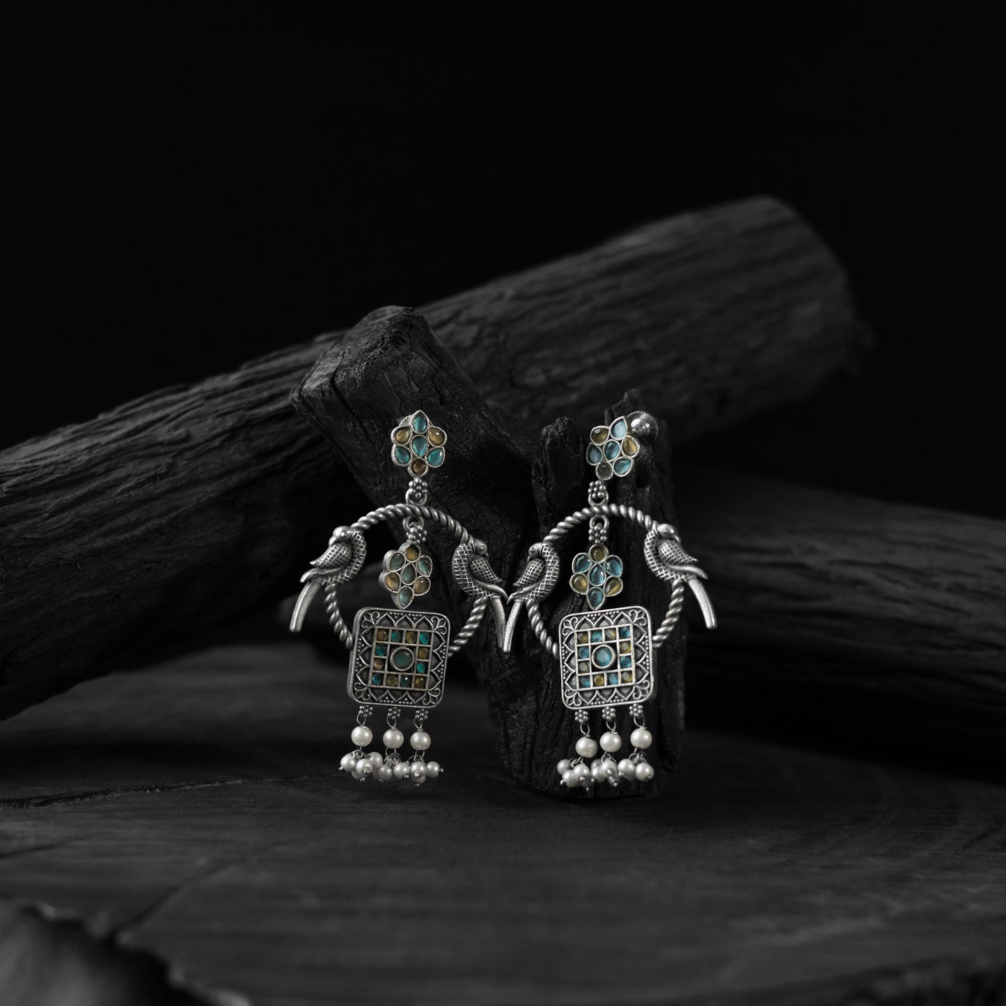 Multicolor - saanjh bela twin mayuri oxidised earrings