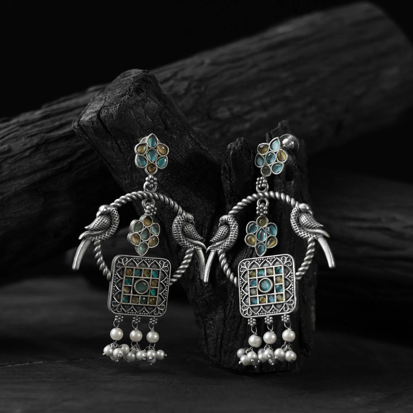 Multicolor - saanjh bela twin mayuri oxidised earrings