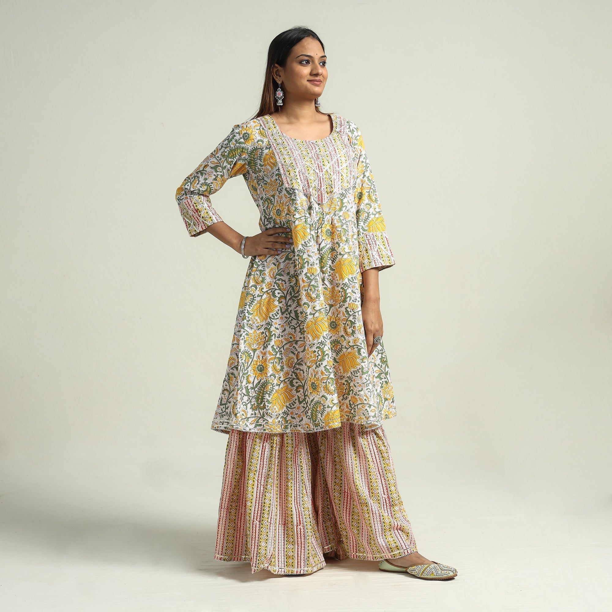 Sanganeri printed cotton kurta with sharara set