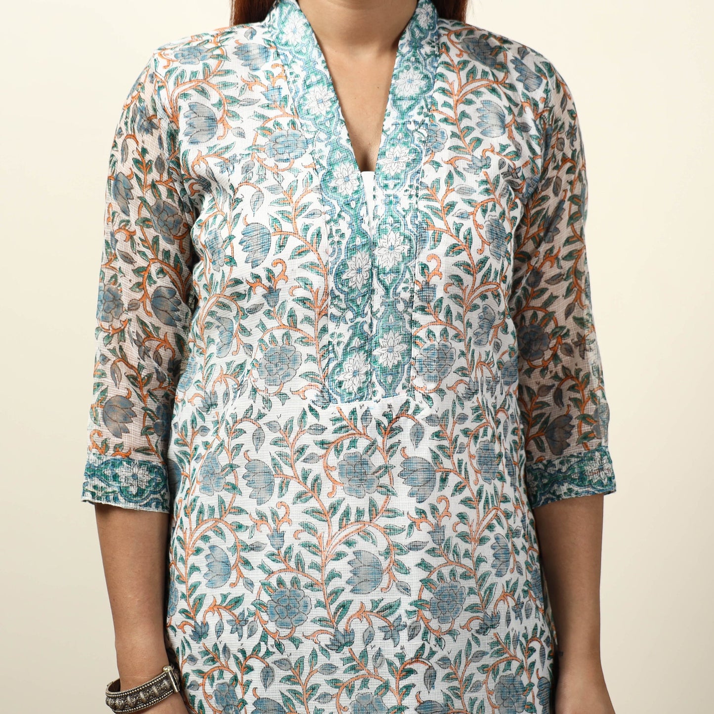  Sanganeri Block Printed Kota Doria Kurta with Palazzo & Dupatta Set 04 