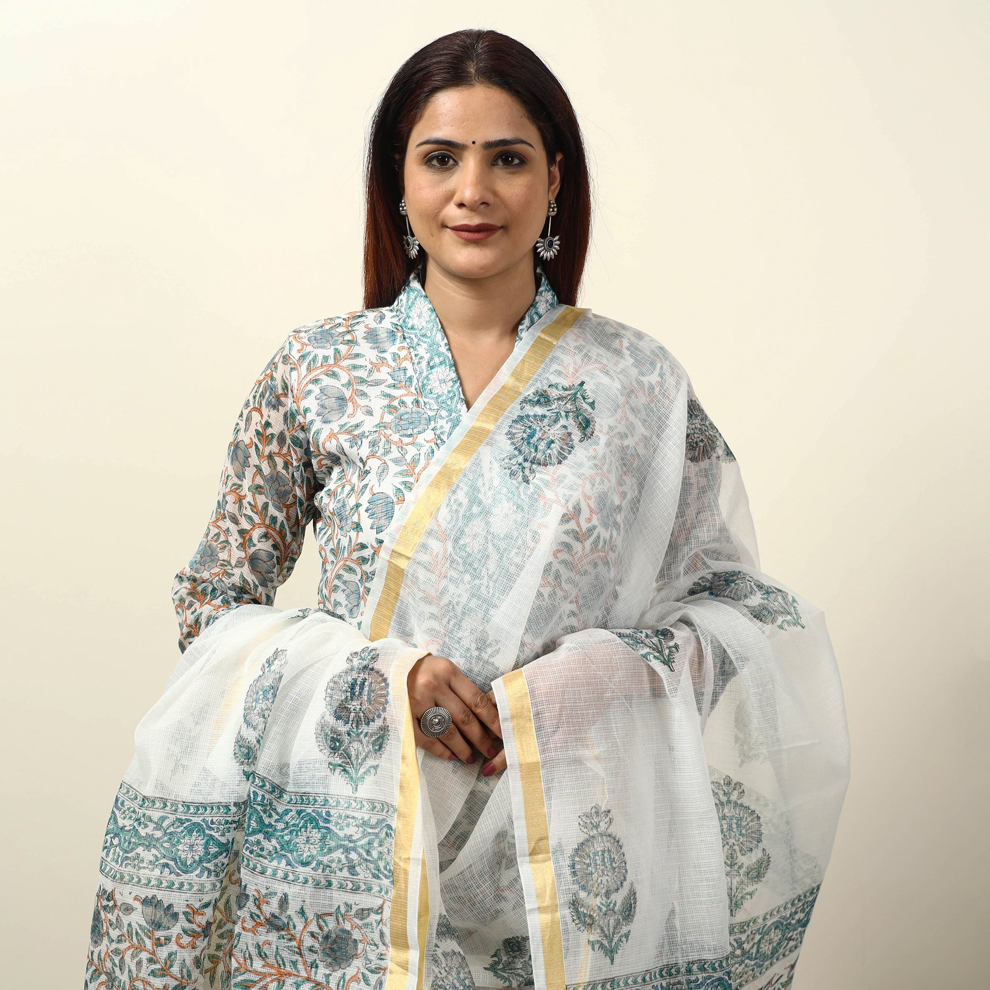 Sanganeri Block Printed Kota Doria Kurta with Palazzo & Dupatta Set 04 