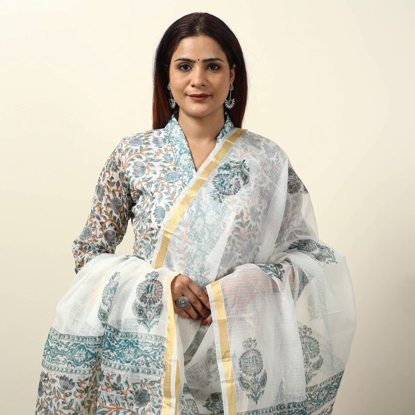  Sanganeri Block Printed Kota Doria Kurta with Palazzo & Dupatta Set 04 