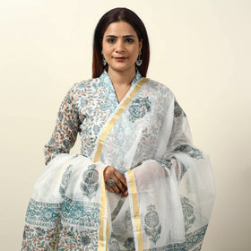  Sanganeri Block Printed Kota Doria Kurta with Palazzo & Dupatta Set 04 