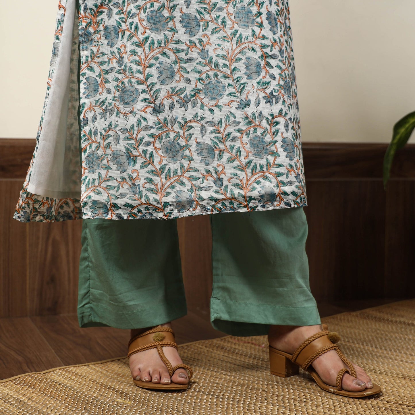  Sanganeri Block Printed Kota Doria Kurta with Palazzo & Dupatta Set 04 