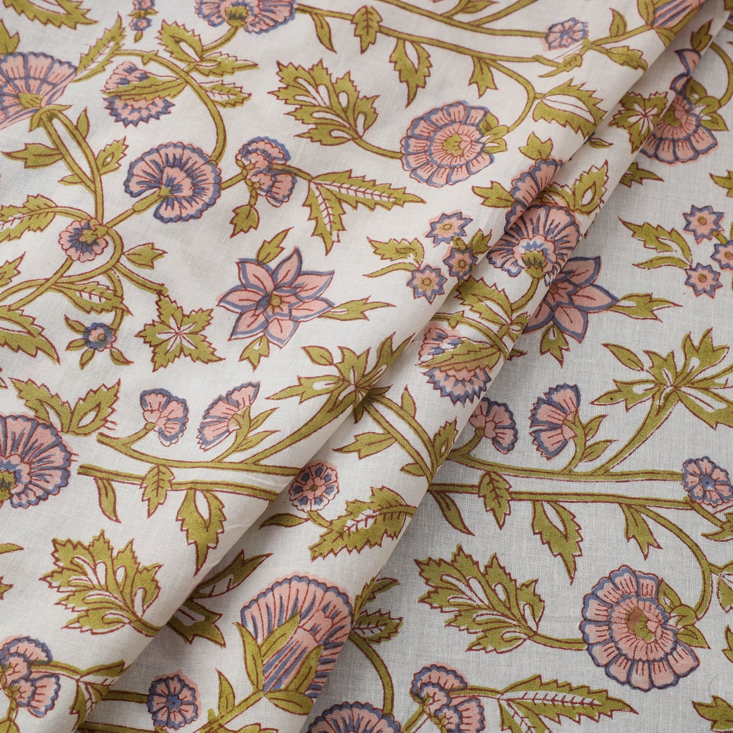  White Sanganeri Block Print Cotton Fabric