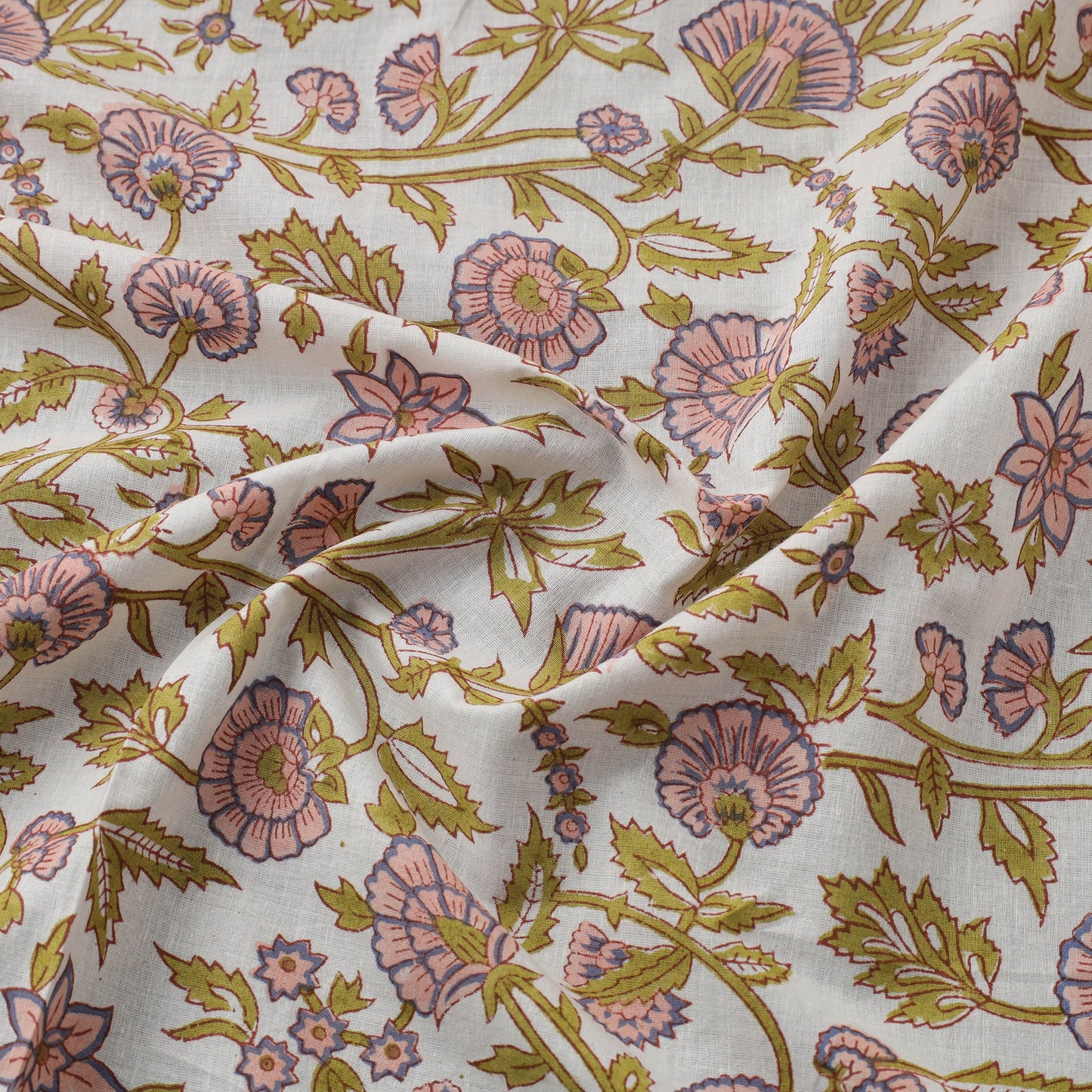  White Sanganeri Block Print Cotton Fabric