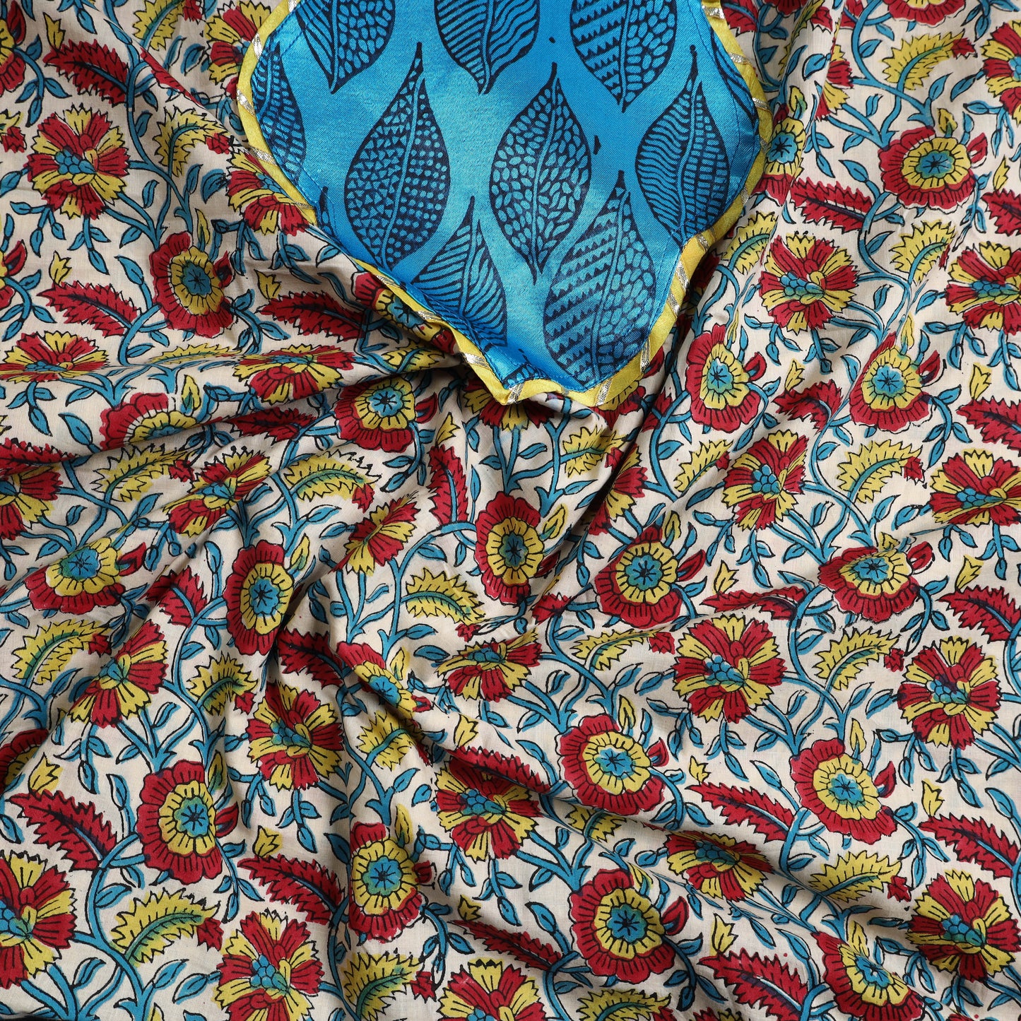 Multicolor Sanganeri Print Cotton Patchwork Kurta Material (3m)