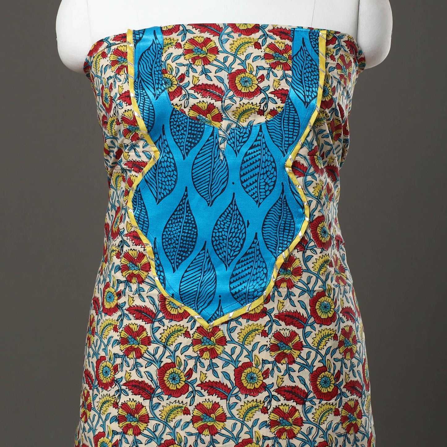 Multicolor Sanganeri Print Cotton Patchwork Kurta Material (3m)