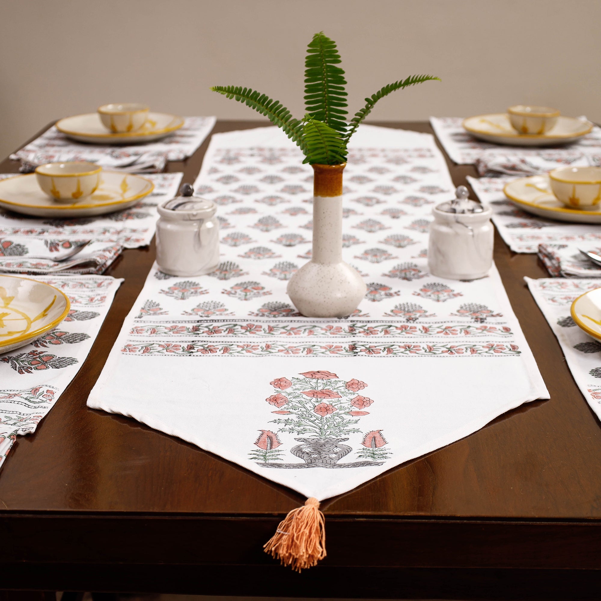 Multicolor Sanganeri Print Cotton Table Runner with Mats & Napkins