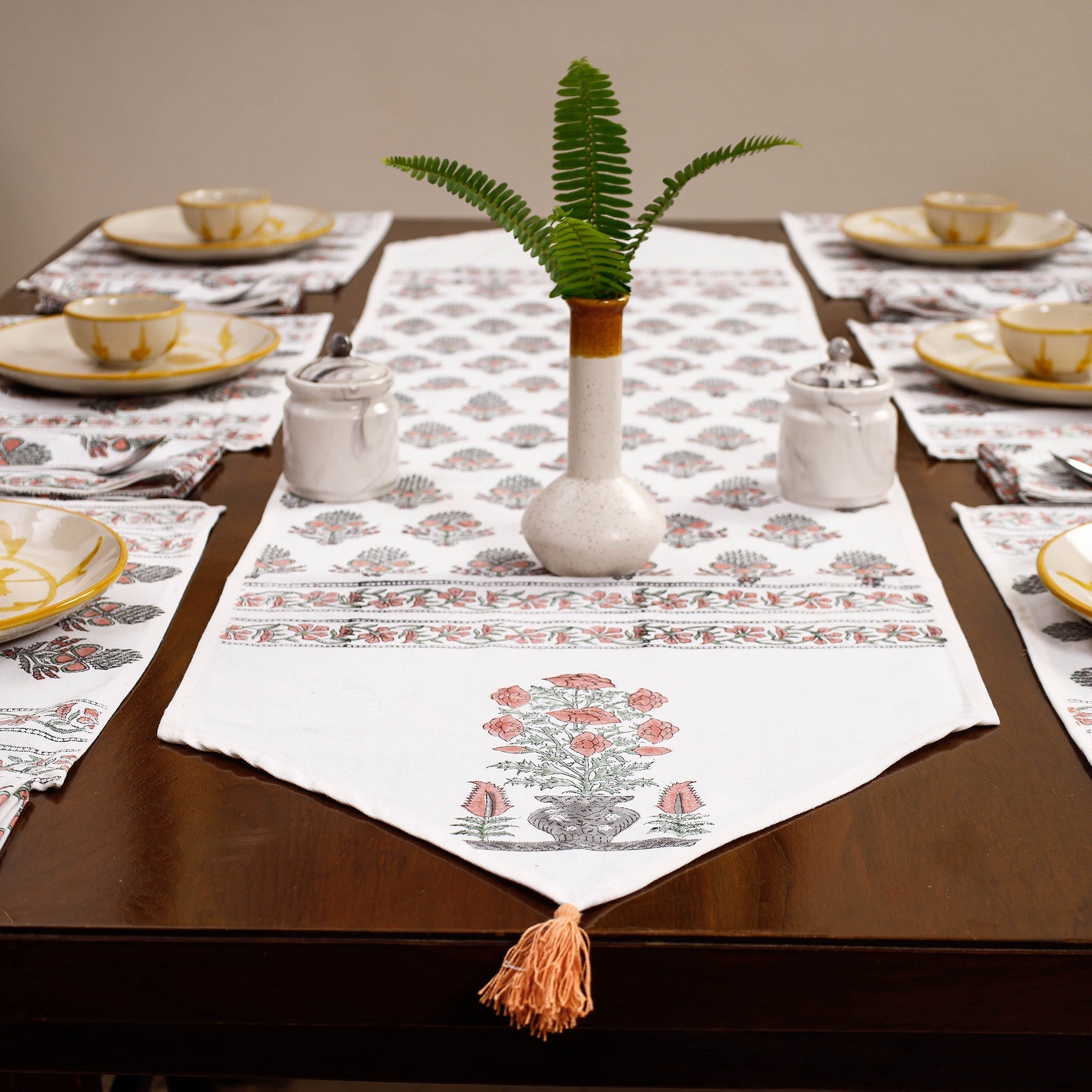 Multicolor Sanganeri Print Cotton Table Runner with Mats & Napkins