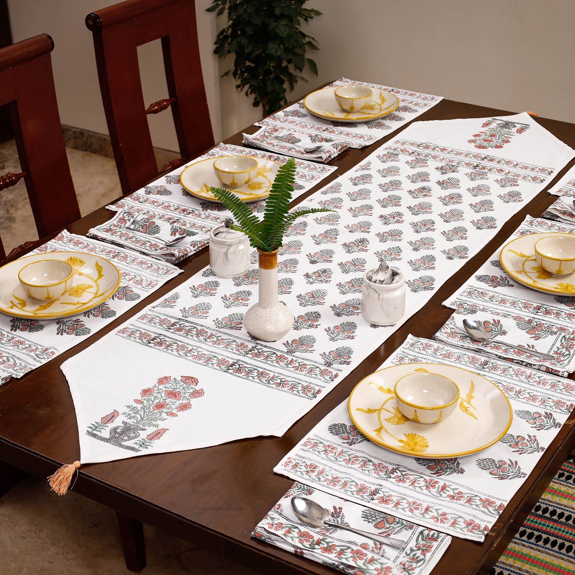 Multicolor Sanganeri Print Cotton Table Runner with Mats & Napkins