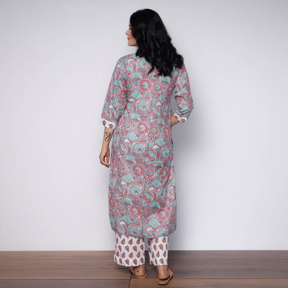 Multicolor - white grey sanganeri hand printed cotton kurta