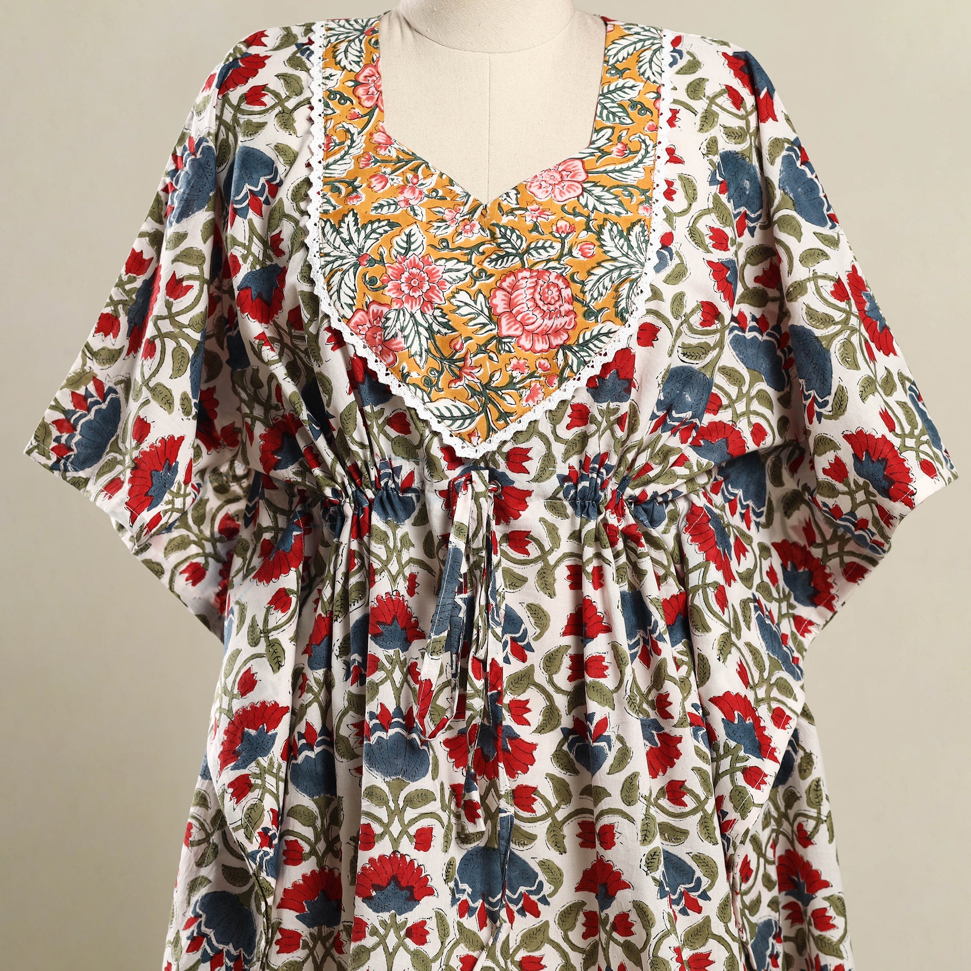 Multicolor - sanganeri mosaic fusion cotton kaftan (short)