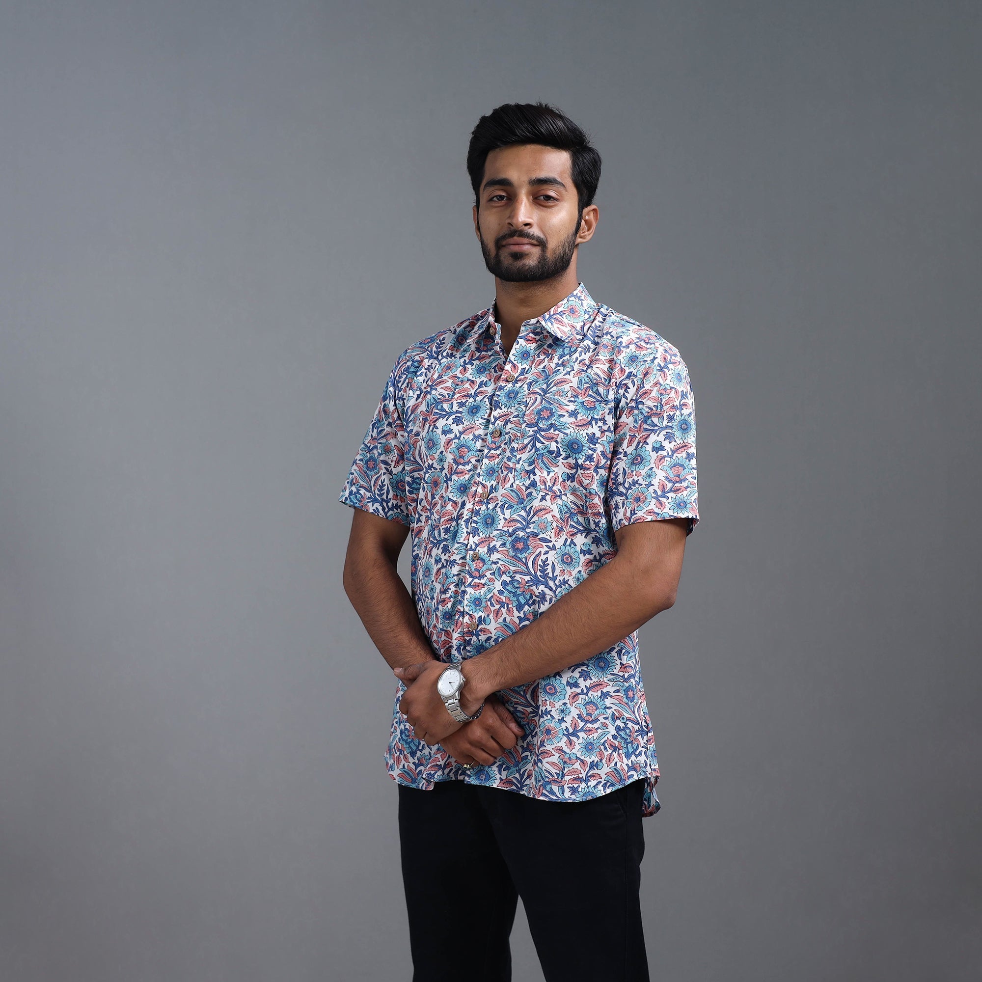 Multicolor Sanganeri Block Printed Cotton Men Half Sleeve Shirt