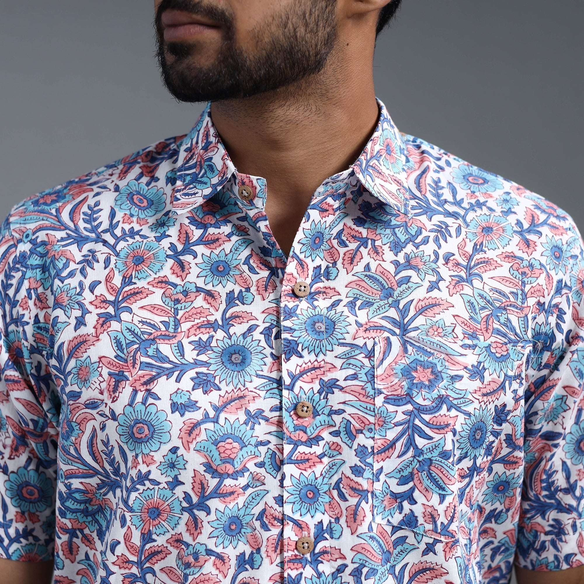 Multicolor Sanganeri Block Printed Cotton Men Half Sleeve Shirt