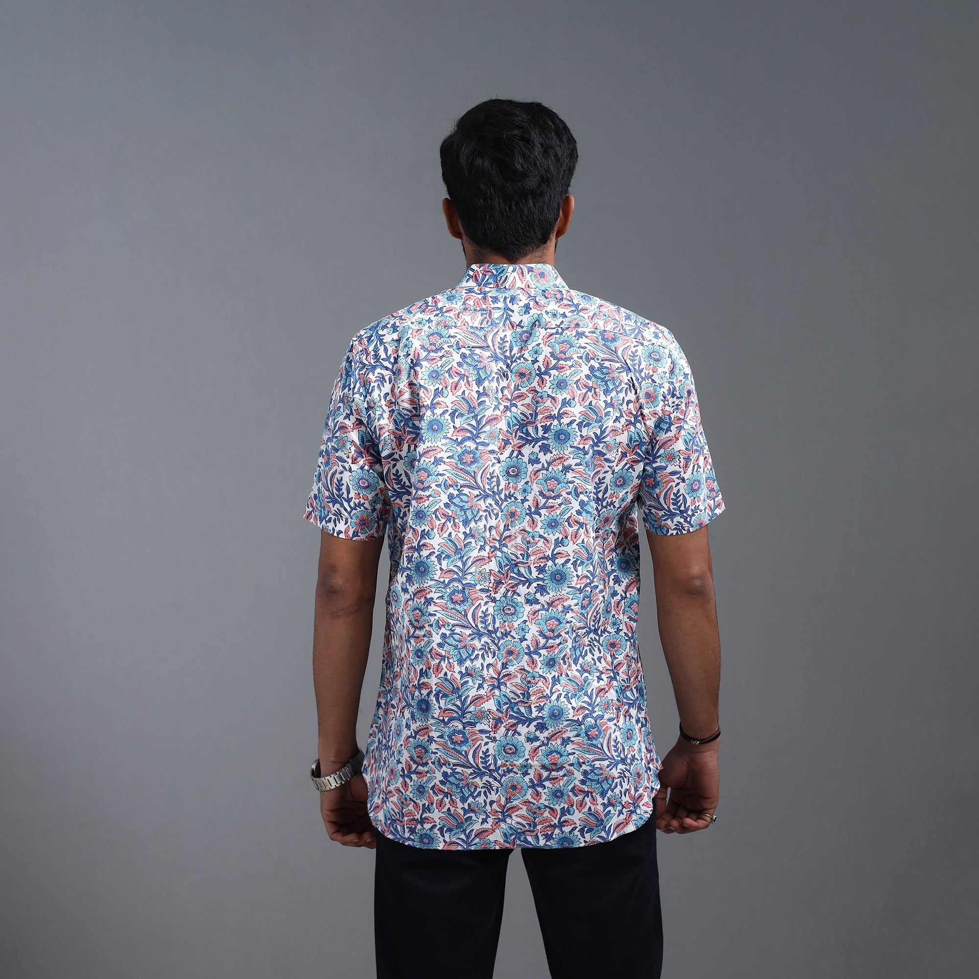 Multicolor Sanganeri Block Printed Cotton Men Half Sleeve Shirt
