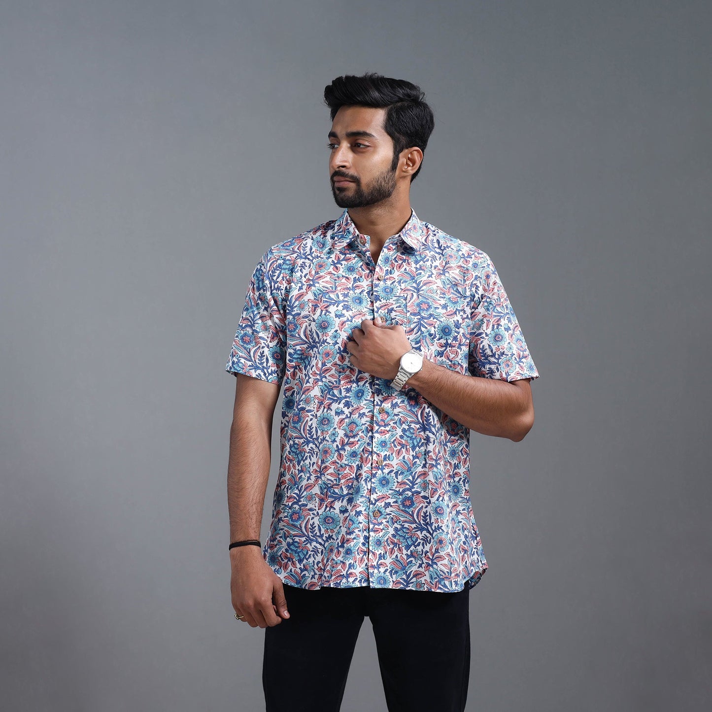 Multicolor Sanganeri Block Printed Cotton Men Half Sleeve Shirt