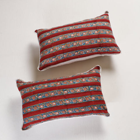 BuySanganeri Block Printed Cotton Pillow Cover With Lace (26 x 16 in) - Set of 2 