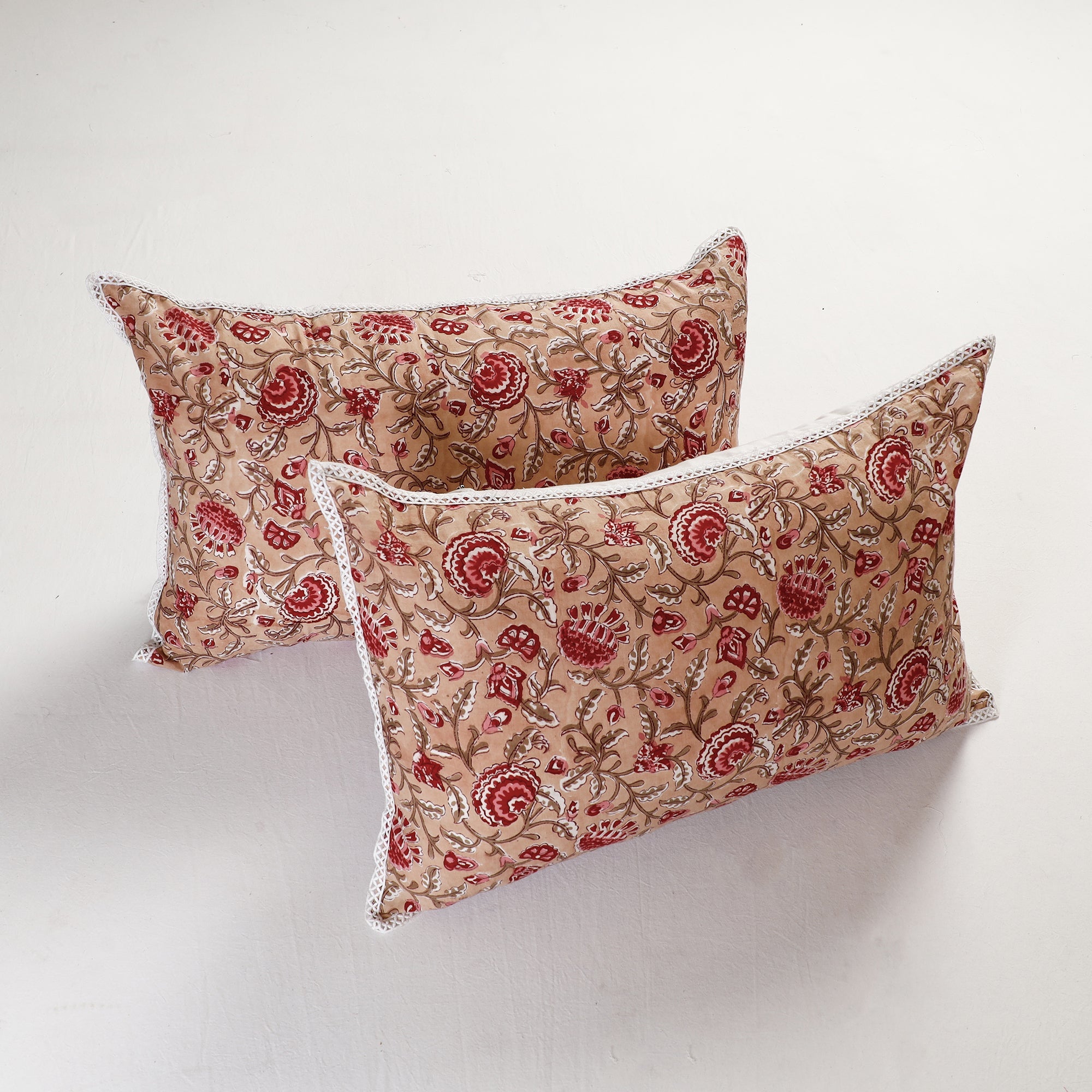  Sanganeri Block Printed Cotton Pillow Cover with Lace (26 x 16 in) - Set of 2 
