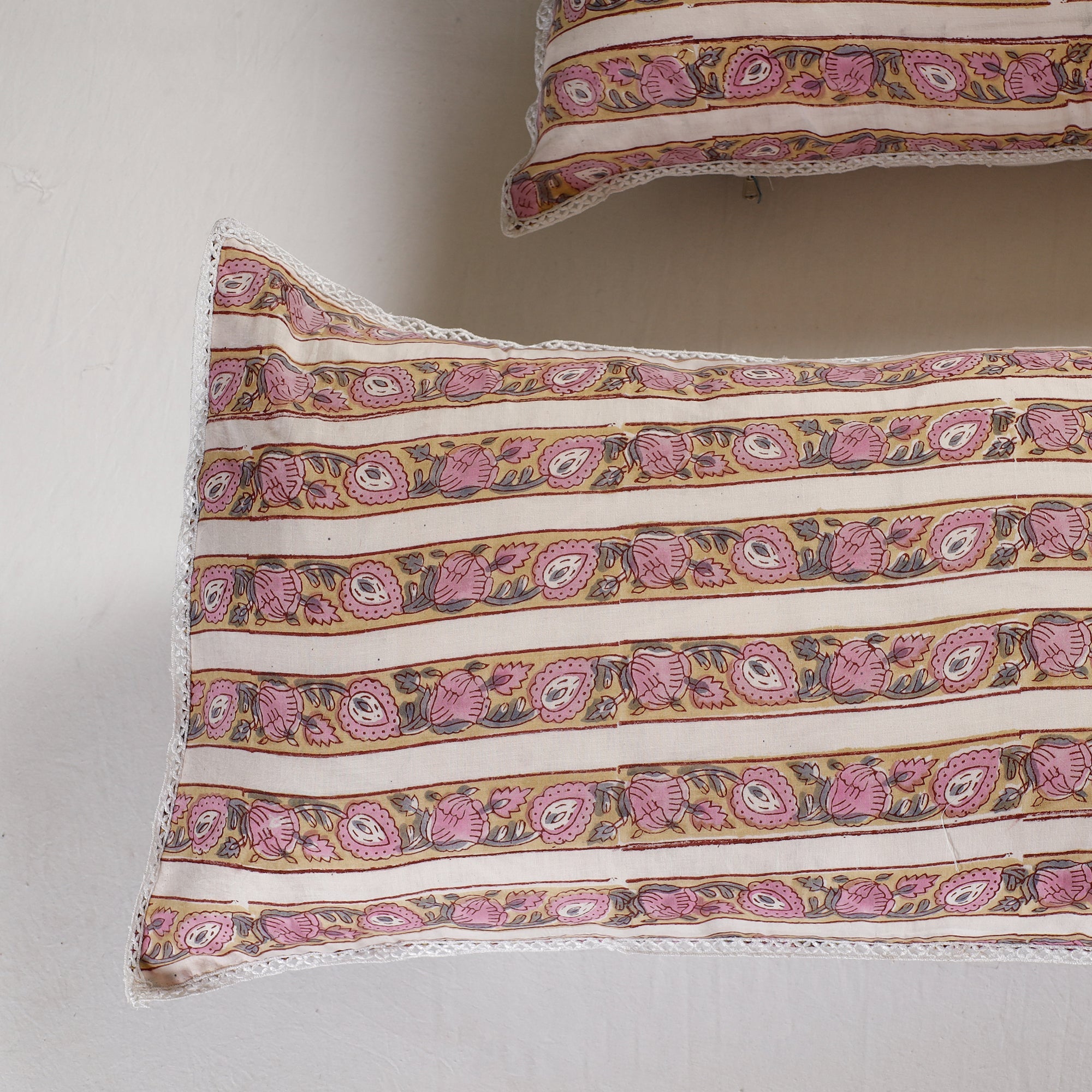  Sanganeri Block Printed Cotton Pillow Cover with Lace (26 x 16 in) - Set of 2 