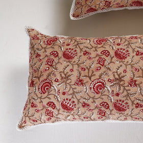  Sanganeri Block Printed Cotton Pillow Cover with Lace (26 x 16 in) - Set of 2 