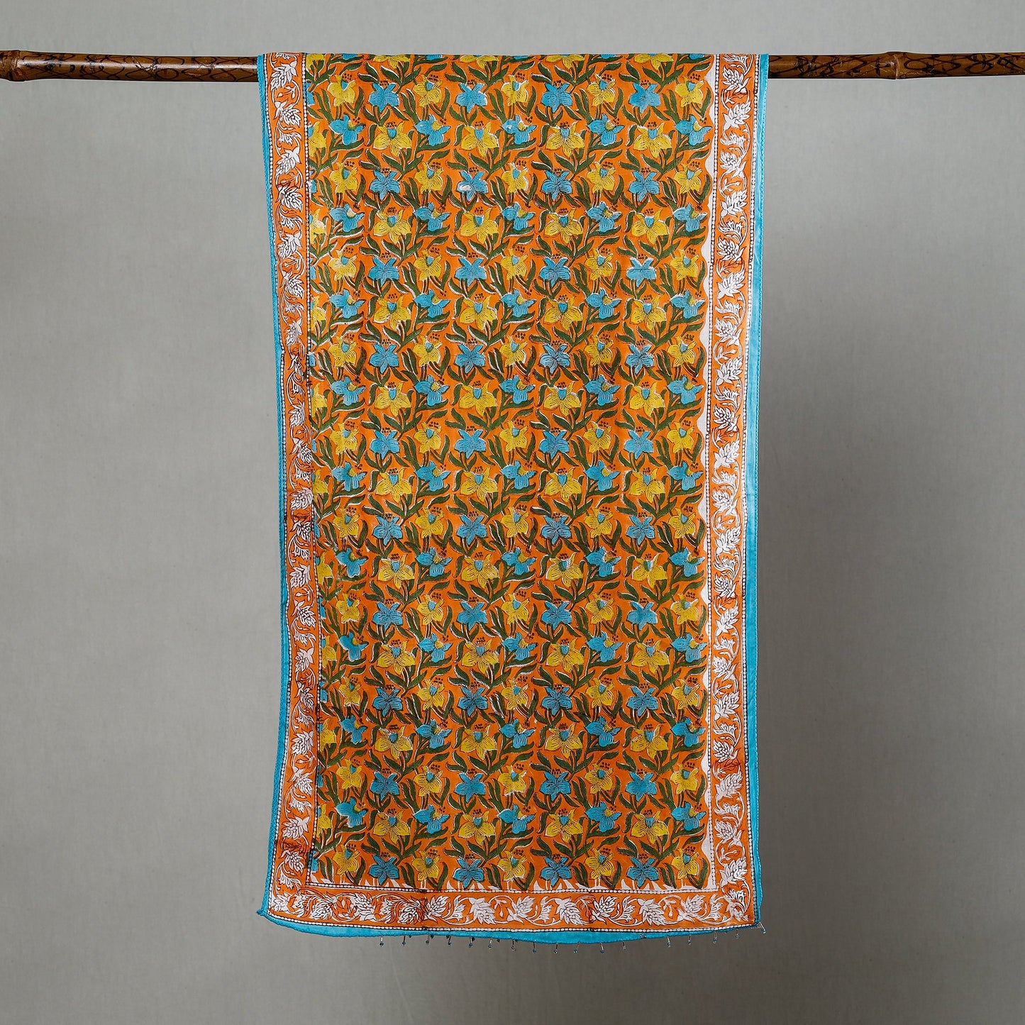 Buy Multicolour Sanganeri Block Printed Cotton Stole with Beaded Border Online at iTokri.com