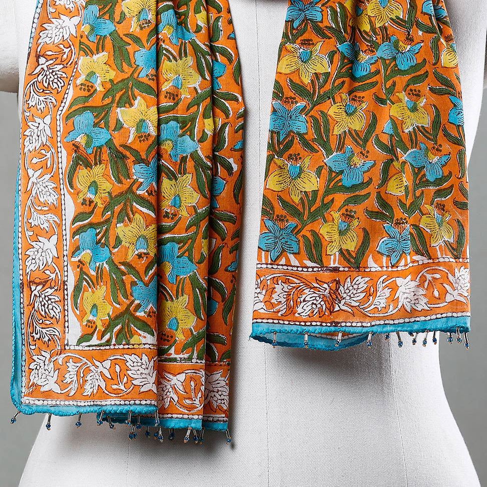 Buy Multicolour Sanganeri Block Printed Cotton Stole with Beaded Border Online at iTokri.com