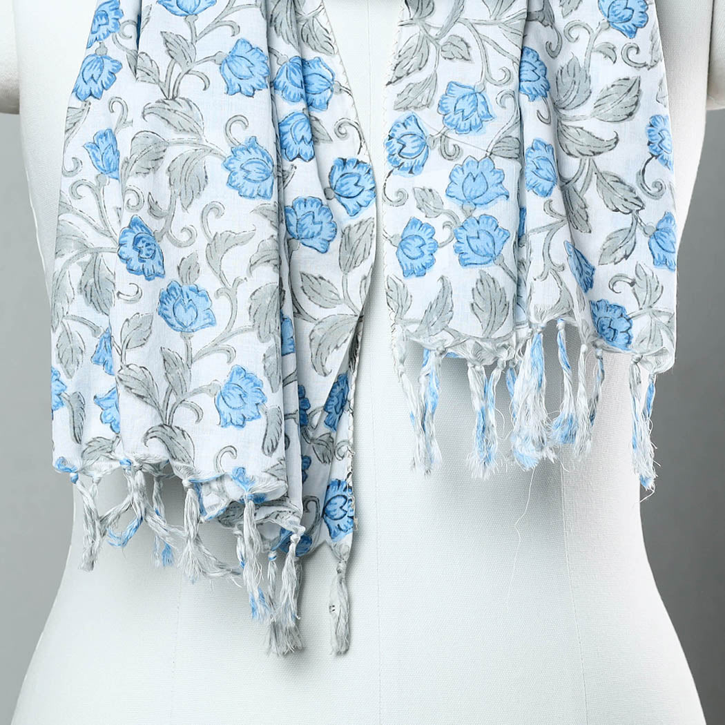 Sanganeri Block Printed Cotton Stole with Tassels 172 