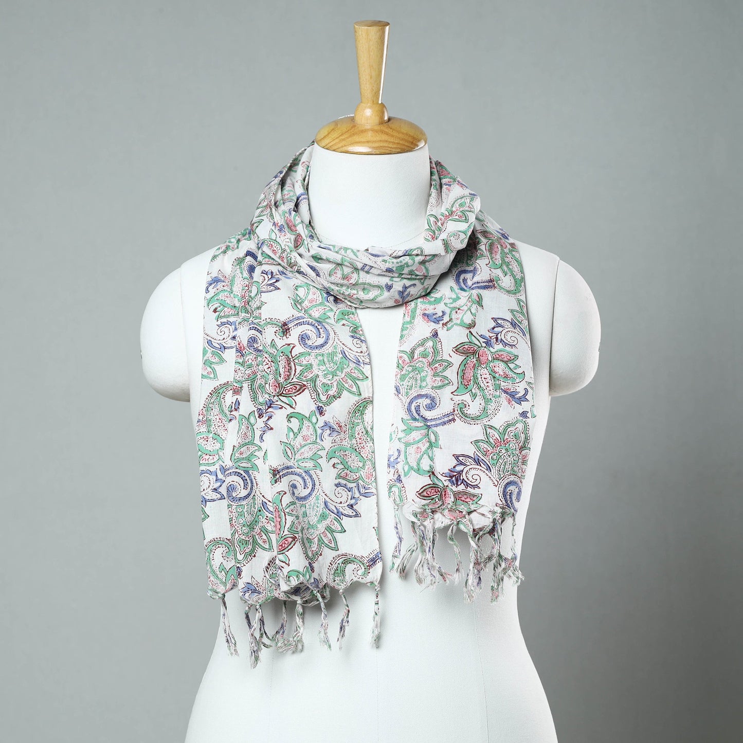  Sanganeri Block Printed Cotton Stole with Tassels 34 