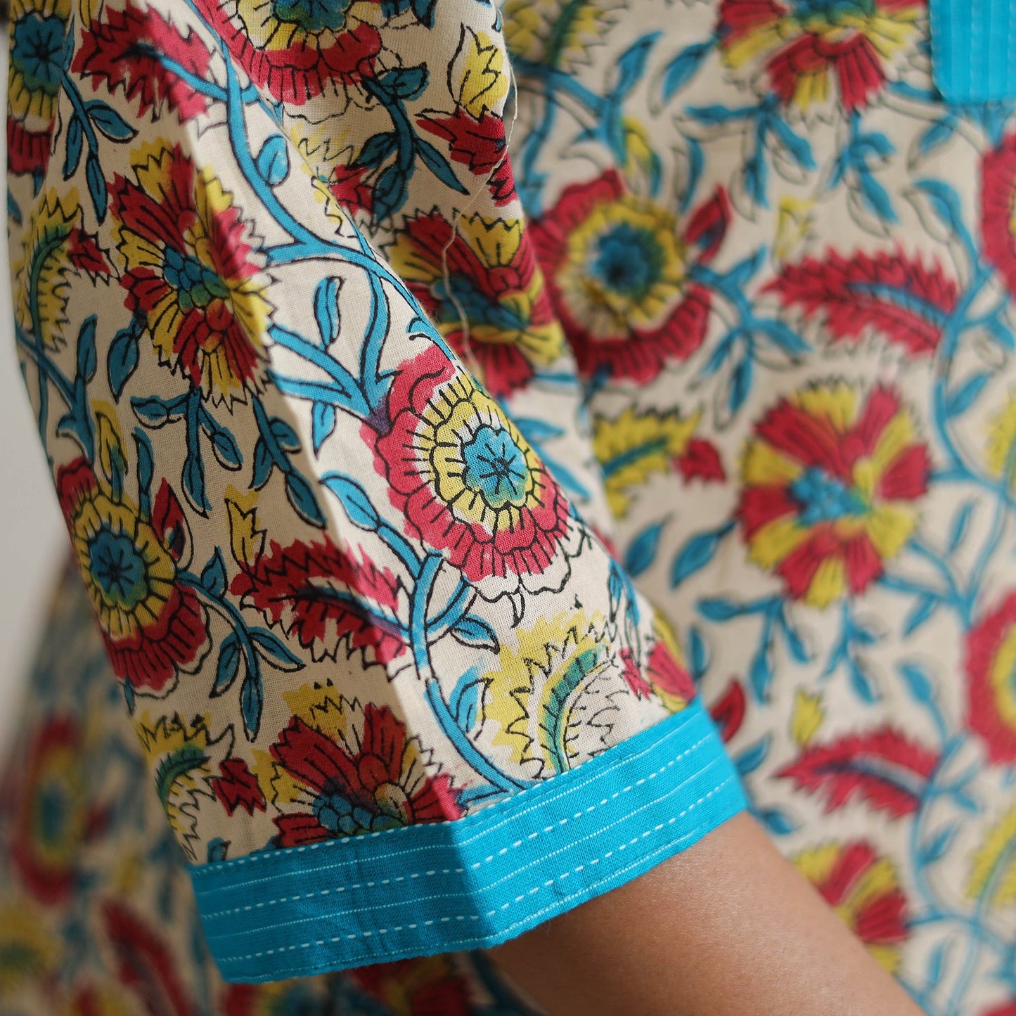 Buy Sanganeri Block Printed Cotton Kurta with Kantha Patchwork 01 Online l iTokri.com