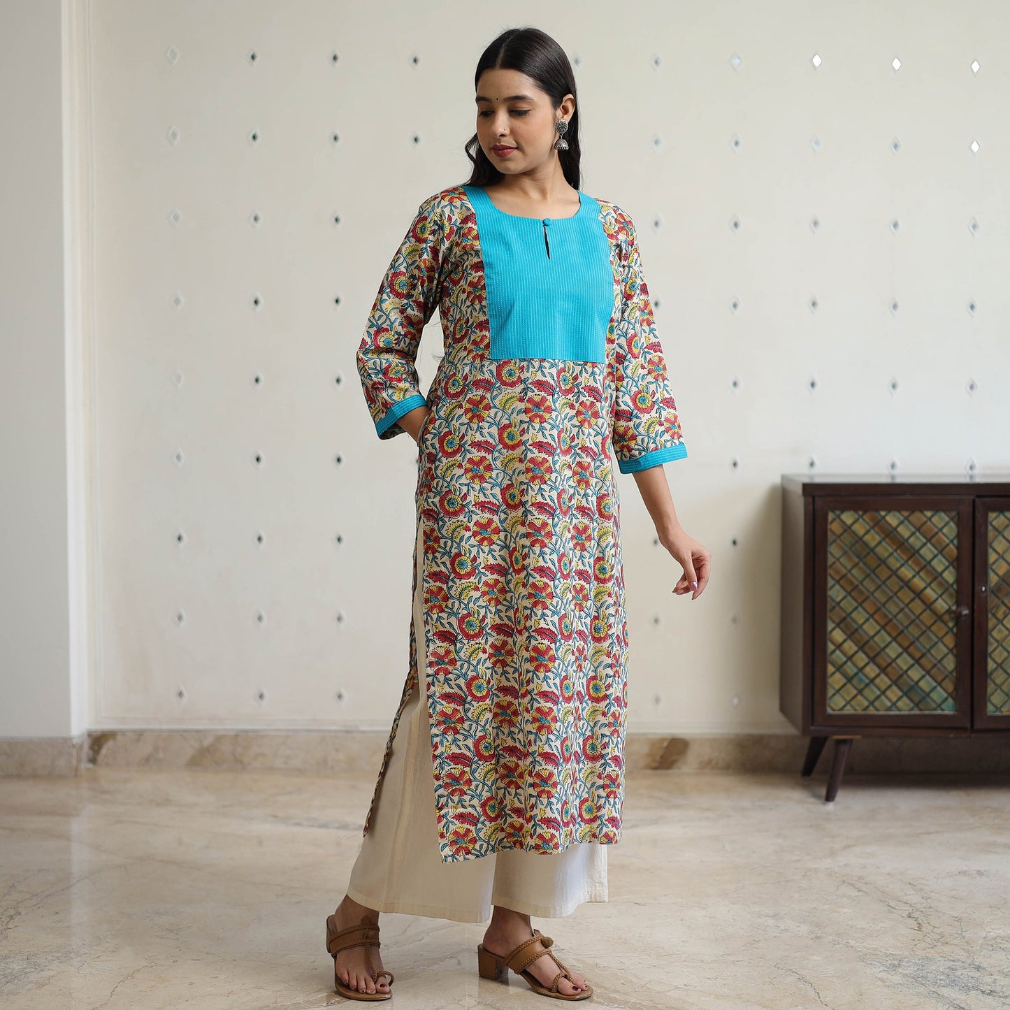 Buy Sanganeri Block Printed Cotton Kurta with Kantha Patchwork 01 Online l iTokri.com