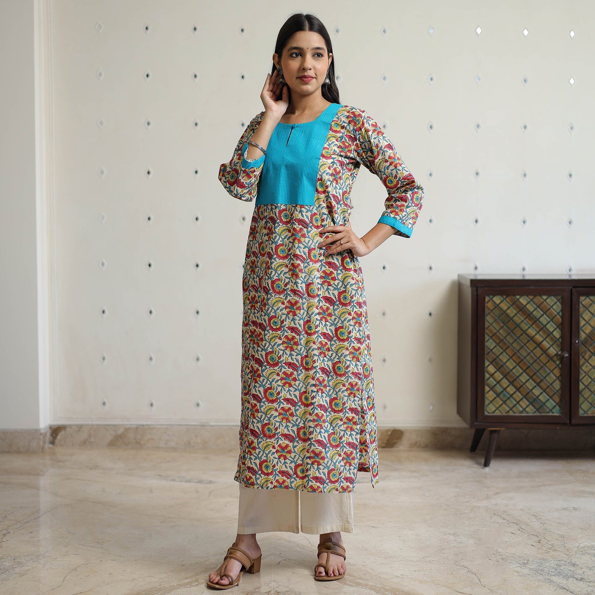 Buy Sanganeri Block Printed Cotton Kurta with Kantha Patchwork 01 Online l iTokri.com