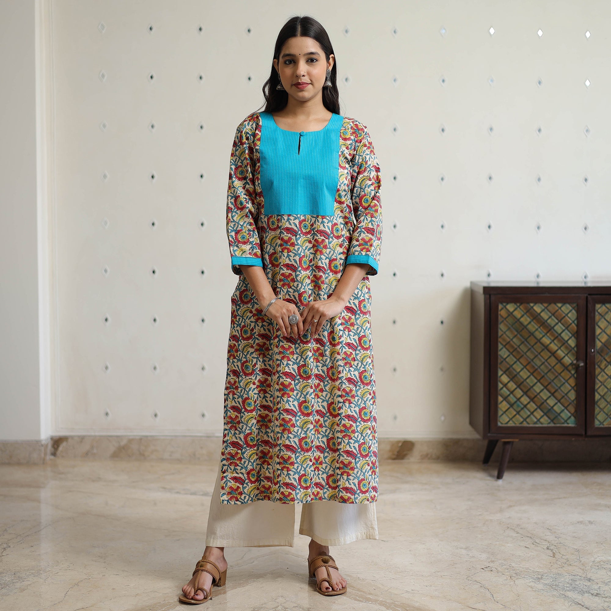 Buy Sanganeri Block Printed Cotton Kurta with Kantha Patchwork 01 Online l iTokri.com