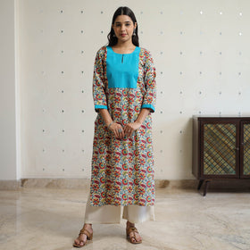Buy Sanganeri Block Printed Cotton Kurta with Kantha Patchwork 01 Online l iTokri.com