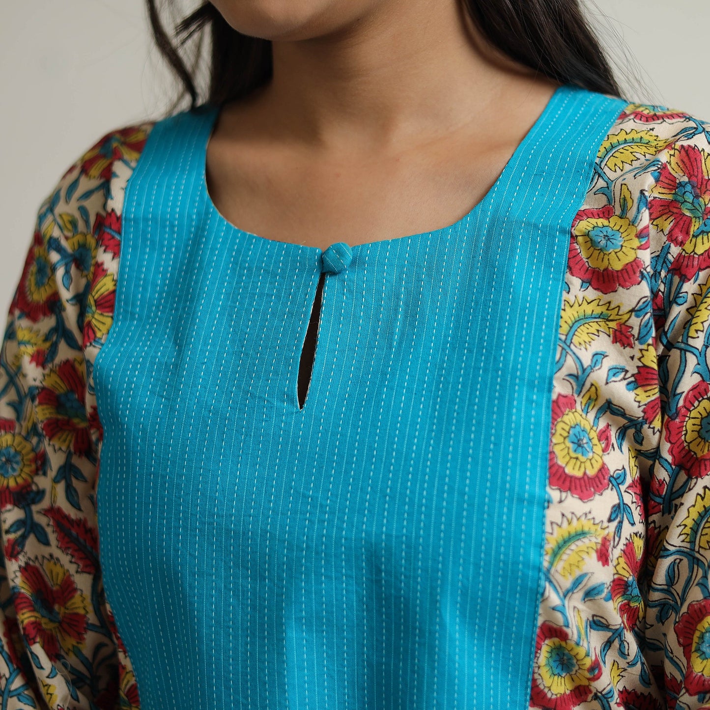 Buy Sanganeri Block Printed Cotton Kurta with Kantha Patchwork 01 Online l iTokri.com