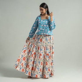 Multicolor - Sanganeri Block Printed Tiered Cotton Long Skirt