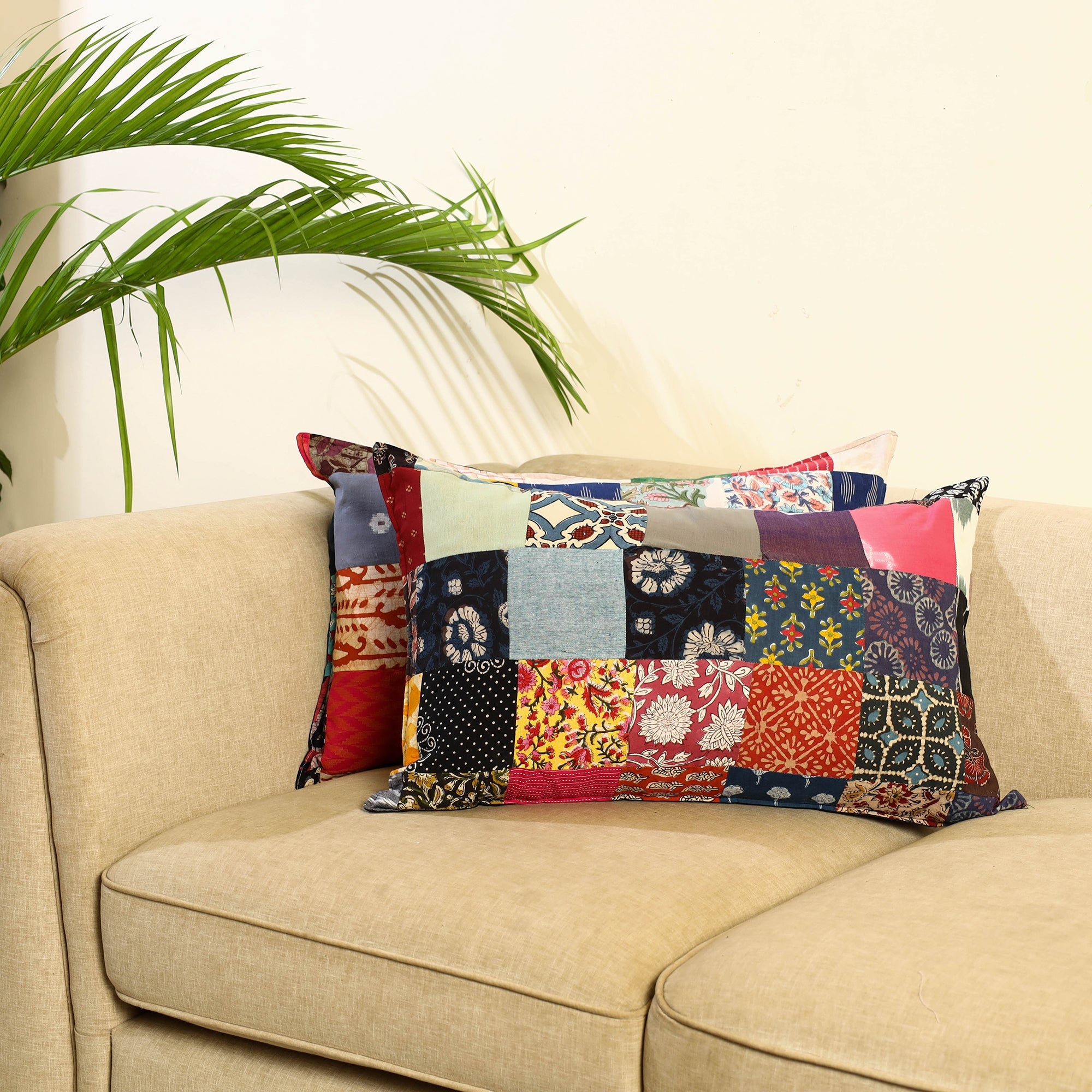 Multicolor Set of 2 Patchwork Cotton Pillow Covers