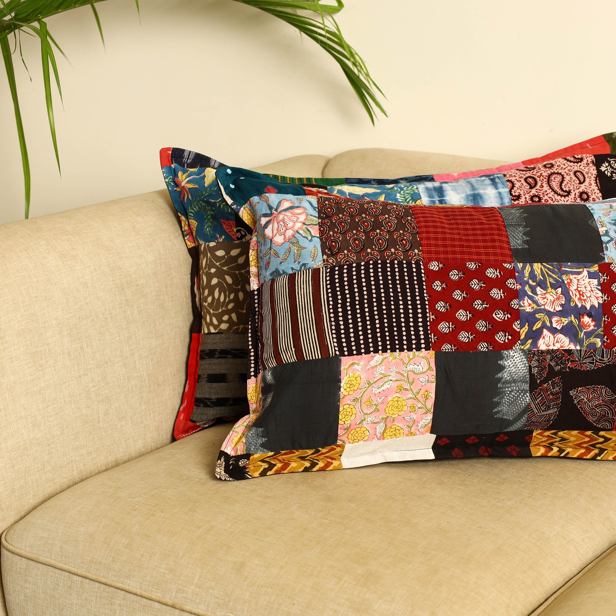 Multicolor Set of 2 Patchwork Cotton Pillow Covers